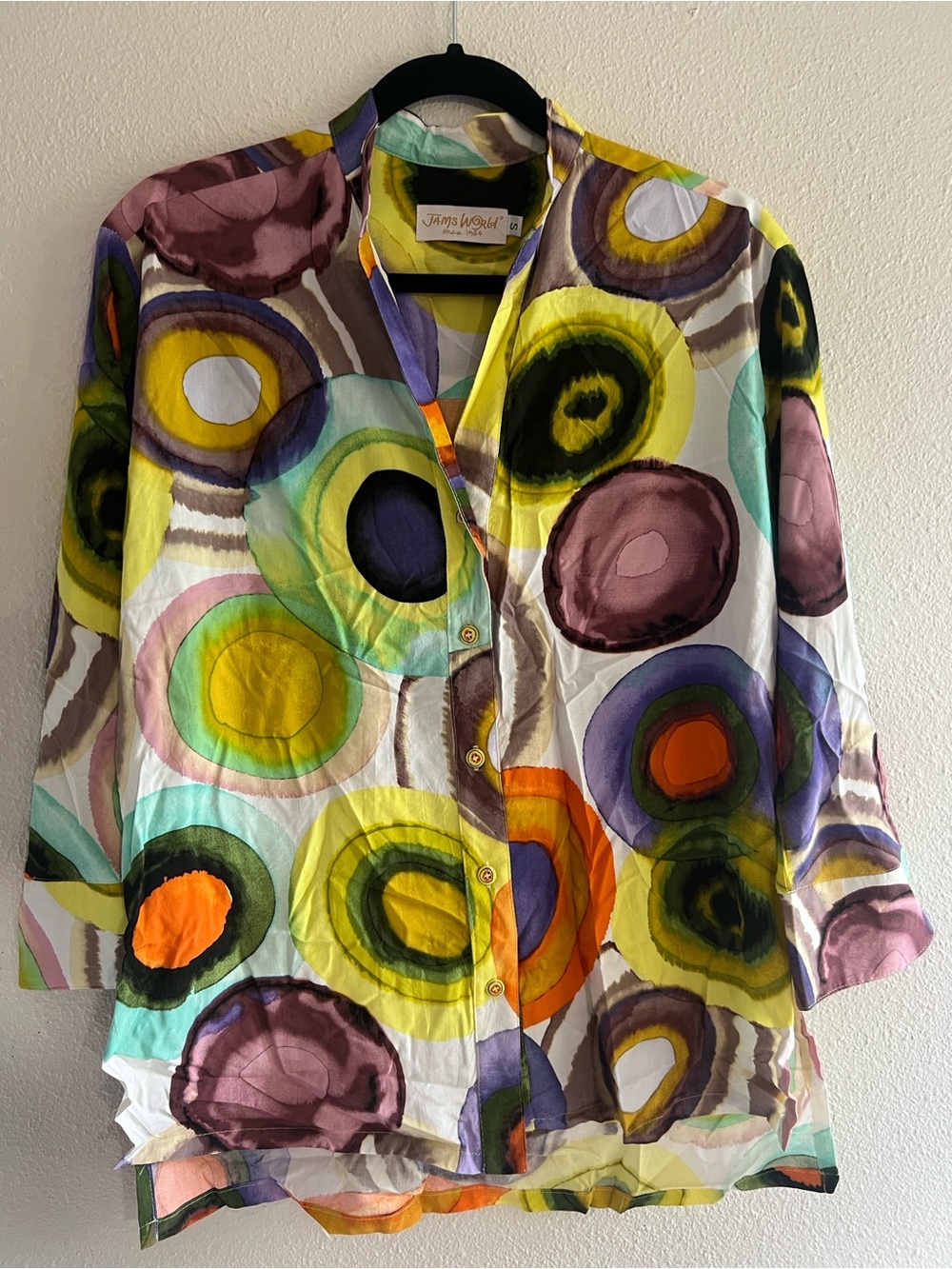 Jams World Multicolor Print Button-down Top, 3/4 sleeves, loose fit size small